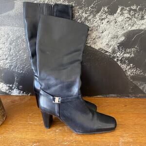 Vintage 7M Black Leather Heeled Black Leather Boots Knee Length